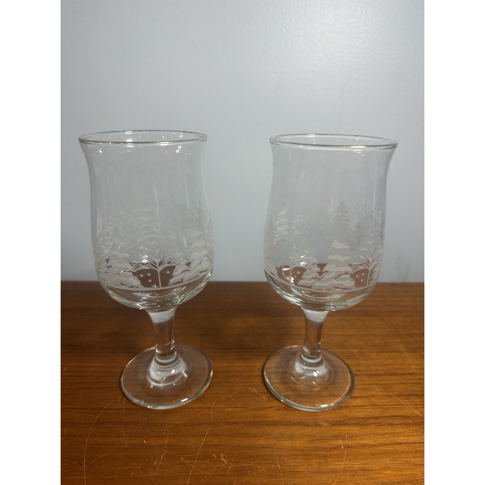 Vintage LIBBEY ARBY'S Winter Wonderland 2 Wine Glasses 7" Christmas